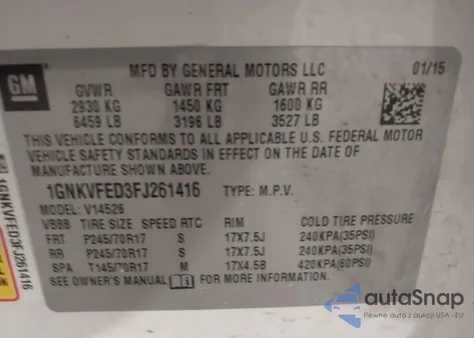 2015 Chevrolet Traverse Ls z USA, uszkodzony, nr VIN 1GNKVFED3FJ261416